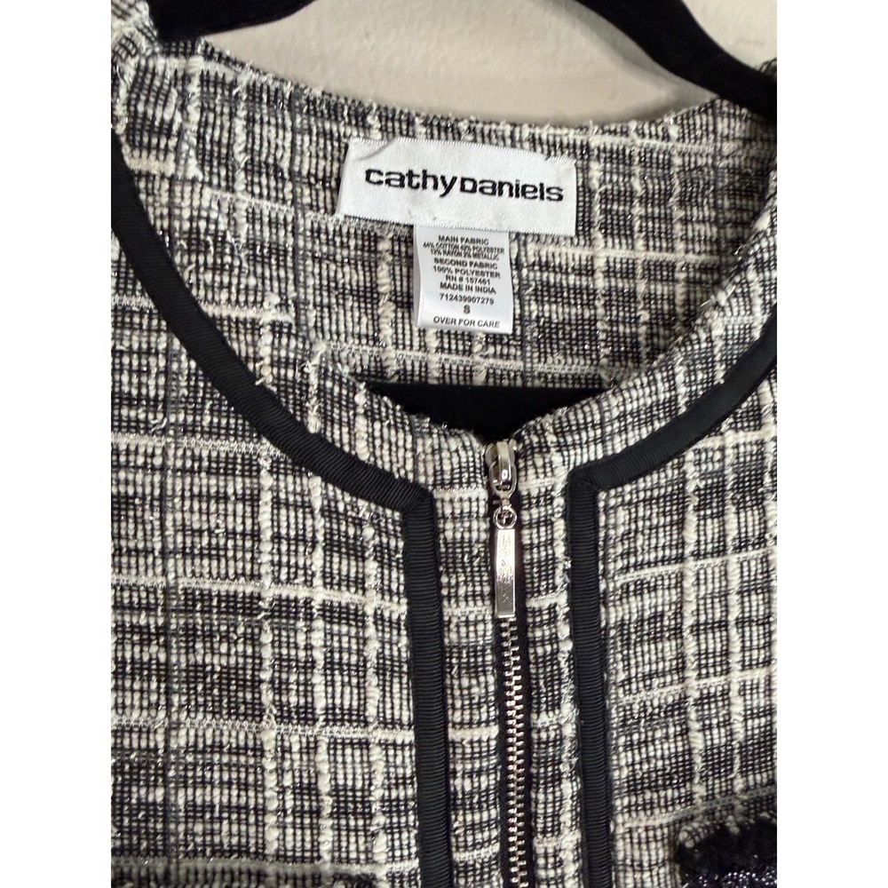 Black White S Plaid Tweed Lady Jacket Preppy Zip Front French Inspired. - Picture 4 of 9